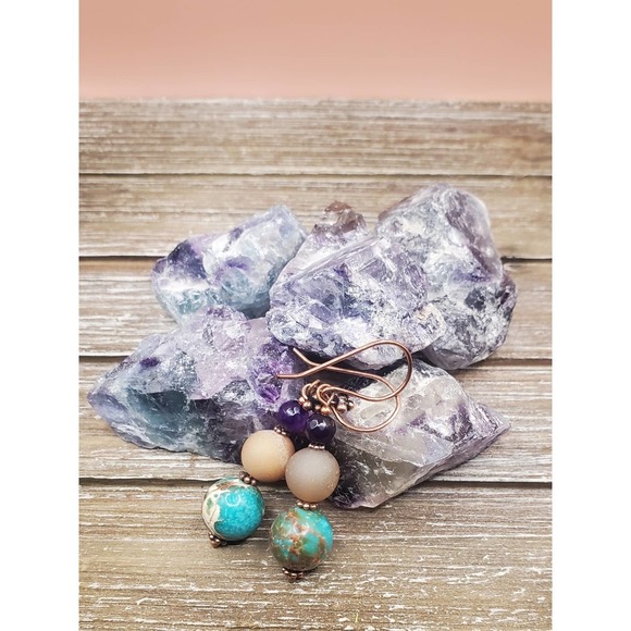 Persephone's Daughter Jewelry - Aqua Imperial Jasper, Druzy Agate, Amethyst and Copper Drop Earrings